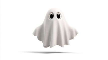 A playful ghost character floats in a bright white space showcasing large expressive eyes. This whimsical design captures the spirit of Halloween and fun celebrations.