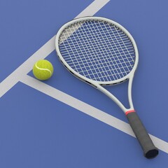 Tennis court with tennis ball and racket