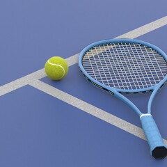 Tennis Racket and Ball on Court Surface