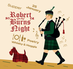 Robert Burns Night 25th January, United Kingdom Scotland background vintage invitation illustration a musician with bagpipes and dog