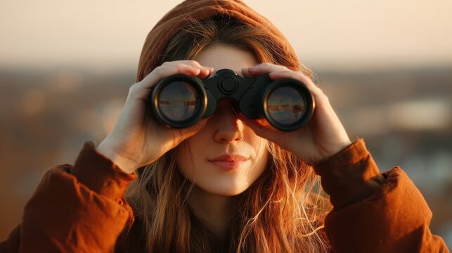 A woman stands outdoors holding binoculars to her eyes while enjoying birdwatching at sunset. The warm light highlights her focused expression against a scenic backdrop.