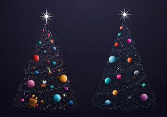 Cosmic Christmas trees with planets, gifts, and rockets add festive flair to holiday campaigns or sci-fi themed projects, perfect for a modern twist