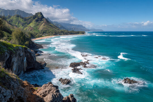 Majestic coastline with rocky cliffs and lush mountains beside turquoise ocean waves under a bright blue sky on a sunny day