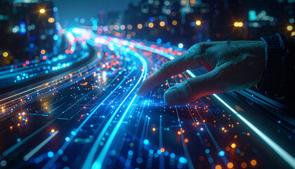 Navigating the Digital Highway: A close-up shot of a hand gracefully interacting with a network of luminous data streams, the futuristic cityscape blurring into the distance.