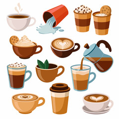 Coffee Collection Variety of Flavors and Styles in Cups for Drinkers Delight and Refreshment Vector Illustration