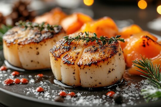 Plate with sea scallop and smoked salmon.