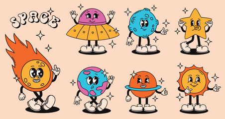 A set of groovy space characters in retro style. Planets, sun, comet.