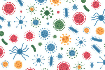 Colorful seamless pattern with various microscopic organisms and viruses ideal for science and health designs