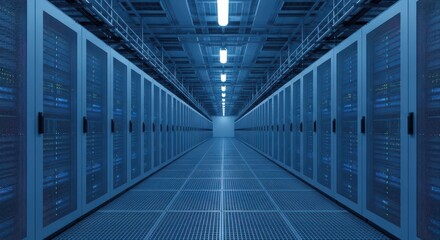 Illuminated Server Room Aisle of Computer Racks