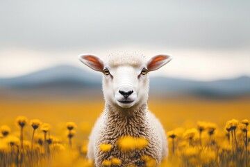 Fototapeta premium Cute Lamb in a Field of Yellow Flowers