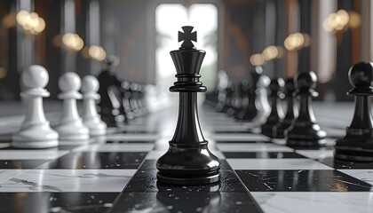 Black king on chessboard in grand hall