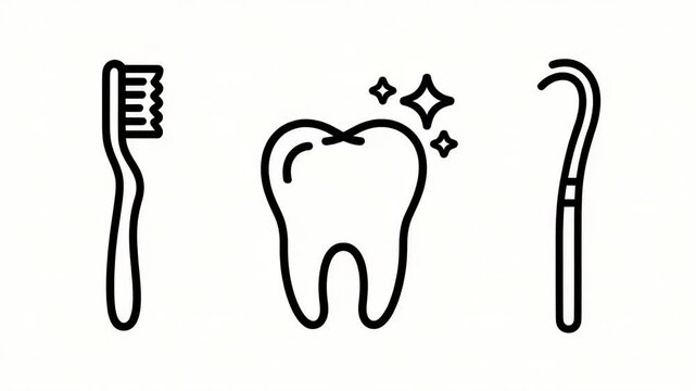 Dental hygiene illustration: Tooth, toothbrush, and dental tool seamless pattern, black line art on white background