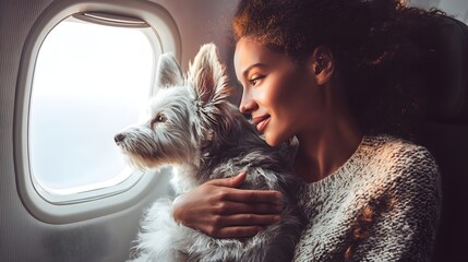 Portrait of a beautiful mixed race woman with a dog on the plane. Traveling with pet concept.