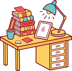 A vibrant cartoon illustration of a wooden desk with a stack of colorful books a glowing desk lamp a framed picture and a cup perfect for educational or creative themes