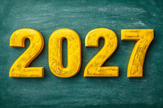 Bold textured yellow numbers forming two thousand twenty-seven displayed on a green chalkboard background symbolizing the upcoming year concept