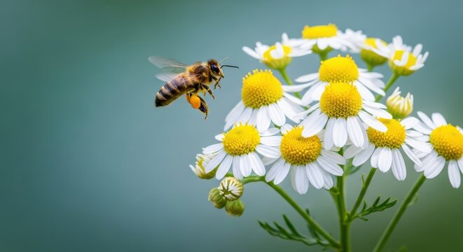 A bee approaches a cluster of small white flowers gathering nectar
