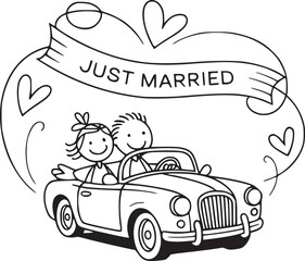 Newlywed Joyride: A whimsical illustration captures the essence of marital bliss as a cartoon couple embarks on their 'Just Married' joyride, symbolized by a classic car and playful hearts. 