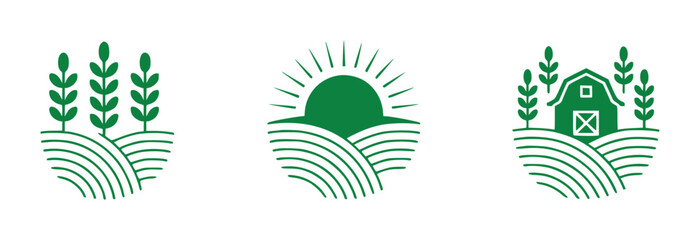 Green Farm Icons Wheat, Sunrise, and Barn on Rolling Hills