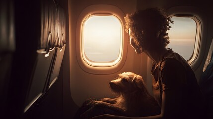 A young woman with a dog on the plane. Traveling with a pet concept.