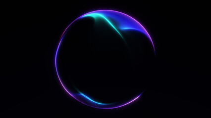 Vibrant glowing purple, blue and green gradient sphere with soft particle energy lines. Futuristic abstract orb design on dark background.