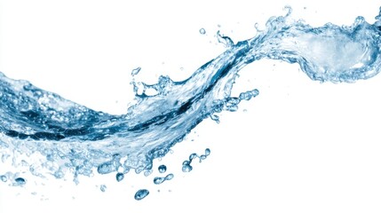 Water forms a vibrant wave splashing gracefully with droplets flying. The clear background accentuates the beauty and movement of the water.