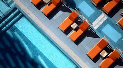 Swimming pool with sun loungers. View from above. luxury hotel resort. Aerial view of a luxury swimming pool.