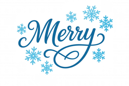Merry christmas holiday season greeting typography with blue calligraphy lettering and falling snowflakes, transparent background