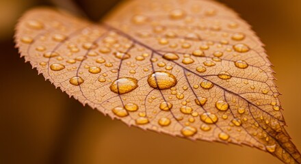 A close-up macro shot of a single, dry, tan leaf covered in numerous small, translucent water droplets. The leaf's veins are clearly visible, creating a textured network across its surface.