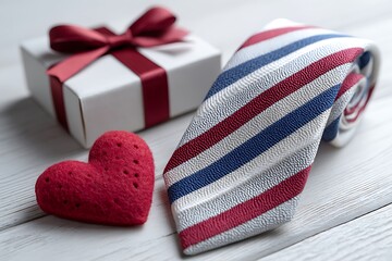 Obraz premium Elegant Striped Tie, Gift Box with Ribbon, and Heart Shaped Felt Decoration on White Wooden Background. Perfect Father's Day Concept, Celebration Ideas, DIY Craft Inspiration, and Copy Space.