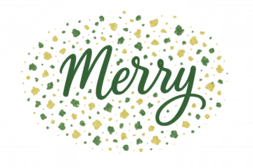 Merry christmas greeting text with green and gold glitter confetti particles on transparent background