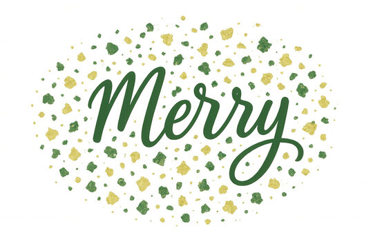 Merry christmas greeting text with green and gold glitter confetti particles on transparent background
