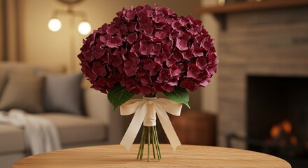 A large bouquet of deep red hydrangeas tied with a cream ribbon rests on a wooden table in a softly lit room.