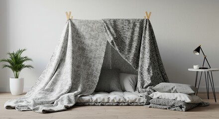 A fabric fort is set up with pillows and blankets on a light wooden floor, next to a potted plant and a small table with a lamp.