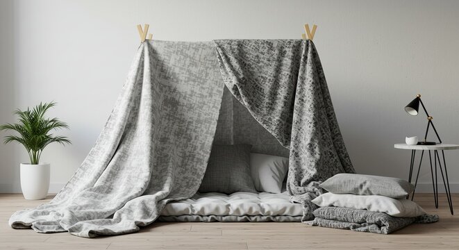 A fabric fort is set up with pillows and blankets on a light wooden floor, next to a potted plant and a small table with a lamp.
