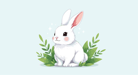 Obraz premium A cute white bunny rabbit sits in green foliage on a light blue background.