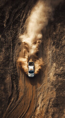 Pickup truck powerfully drifting, spinning donuts in dusty off-road terrain, creating dramatic dust cloud from aerial view