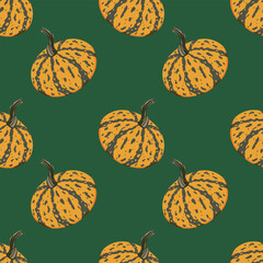 Striped pumpkin seamless pattern. Thanksgiving autumn vegetable harvest background. Cute food orange yellow striped pumpkins