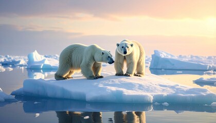 Two polar bears standing on an ice floe in a cold arctic environment scene