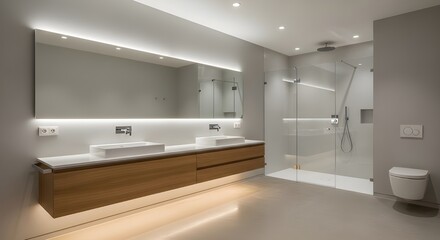 Modern bathroom interior with large mirror and shower cabin in gray tones