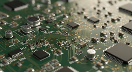 Obraz premium Close up of a green circuit board with electronic components on surface
