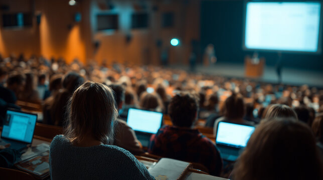 A rear view photo of a university lecture hall, hundreds of students in focus, laptops glowing. 