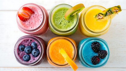 Assortment of colorful smoothies in glass jars with fresh fruit garnish healthy refreshing beverages