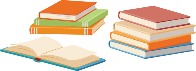 A collection of colorful stacked books and an open book on a clean white background symbolizing knowledge learning and education