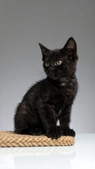 Black kitten sitting on a woven mat