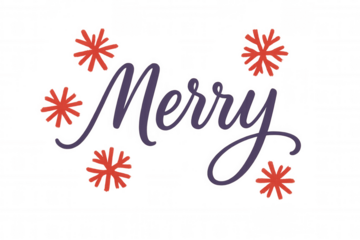 Merry text in script font with red glitter snowflakes, creating a festive winter holiday greeting on a transparent background