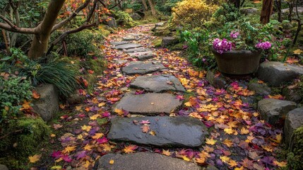 Weathered stone path lined with colorful fallen leaves. Peaceful garden