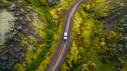 Camper van driving on a winding dirt road through green mossy highland landscape, exploring remote nature