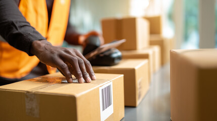 Employee scanning barcode on boxes, preparing parcels for shipping in a warehouse logistics and supply chain operation