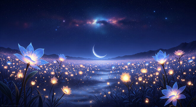 "A glowing field of luminescent flowers under a starry sky, each blossom radiating soft light,