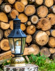 Black lantern on a birch stump